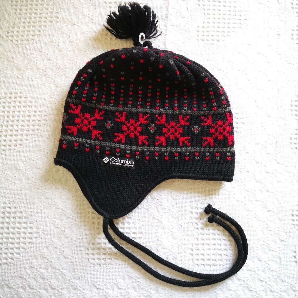 NEW Columbia 100%Wool Fleece Lined Hat with Ear Flaps Black/Red Floral